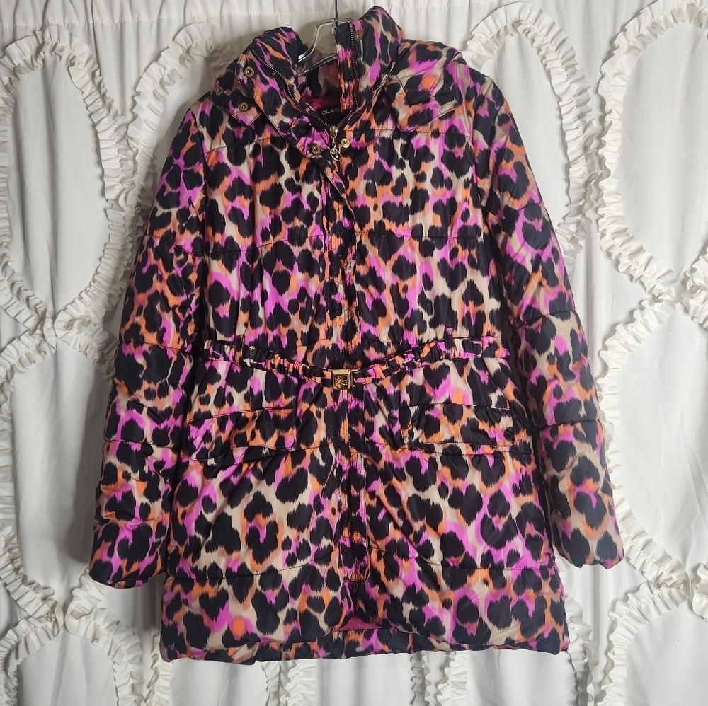 Roberto Cavalli Class Pink Orange Leopard Full Zip High Neck Puffer Coat Sz S